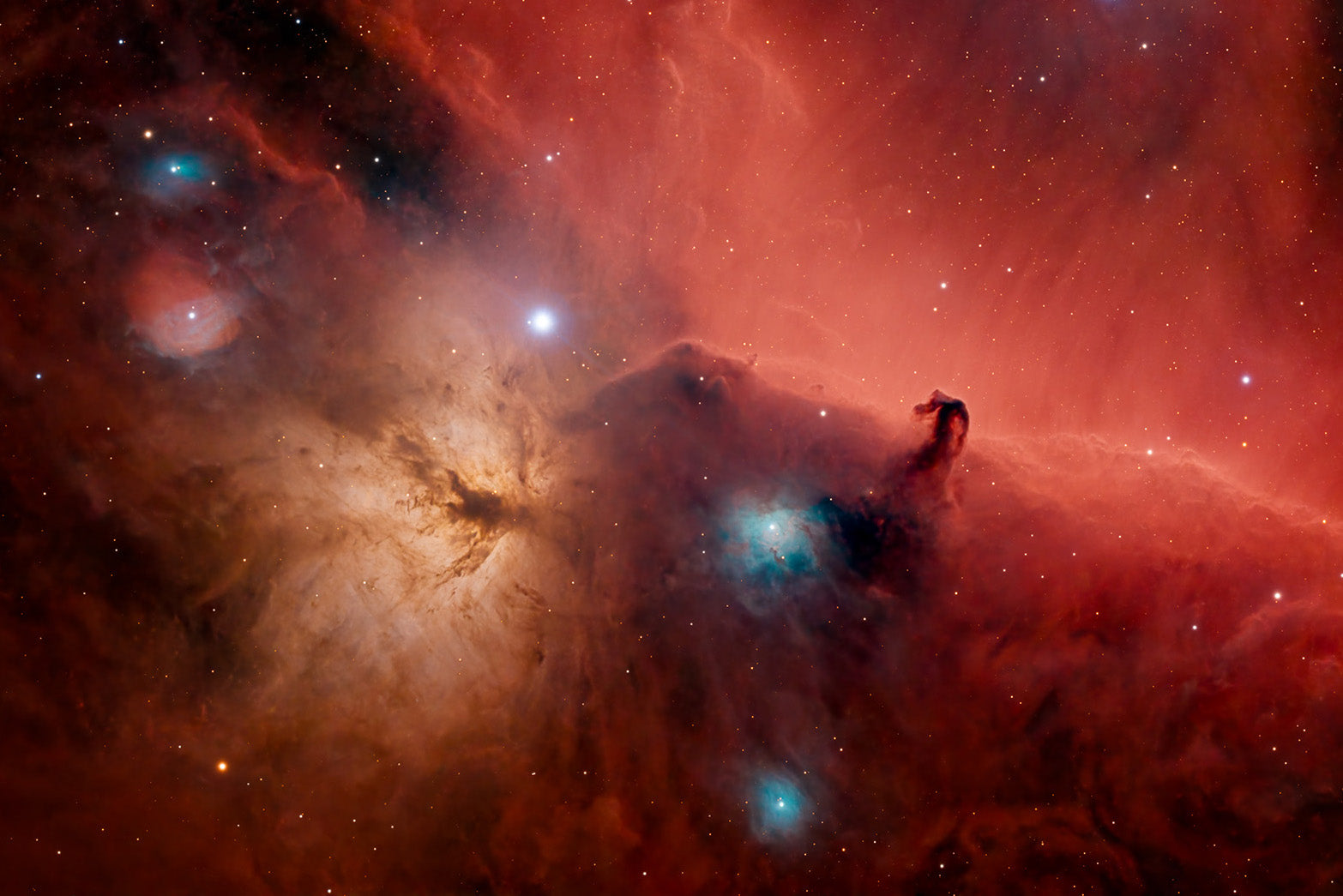 Horsehead Nebula IC 434 and Flame Nebula NGC 2024 narrowband astrophotography — deep red hydrogen-alpha emission nebula with dark horsehead silhouette, Colli Euganei Italy, 13 hours exposure — fine art print by Sideris Art