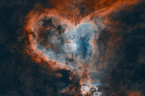 IC 1805 Heart Nebula narrowband astrophotography — orange and blue heart-shaped emission nebula in Cassiopeia, Colli Euganei Italy, 11 hours exposure — fine art print by Sideris Art