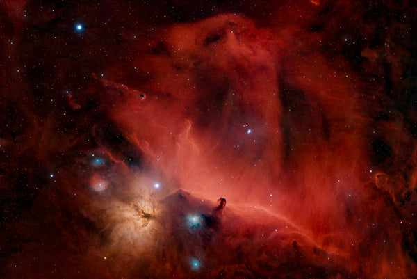 Horsehead Nebula IC 434 and Flame Nebula NGC 2024 narrowband astrophotography — deep red hydrogen-alpha emission nebula with dark horsehead silhouette, Colli Euganei Italy, 13 hours exposure — fine art print by Sideris