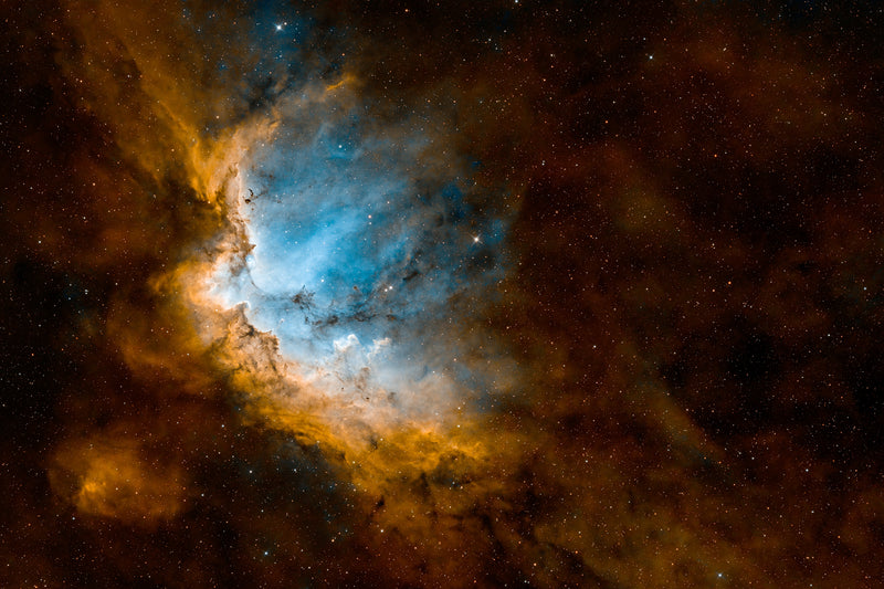 NGC 7380 Wizard Nebula narrowband astrophotography — blue and orange SHO emission nebula in Cepheus, Colli Euganei Italy, 22 hours exposure — fine art print by Sideris