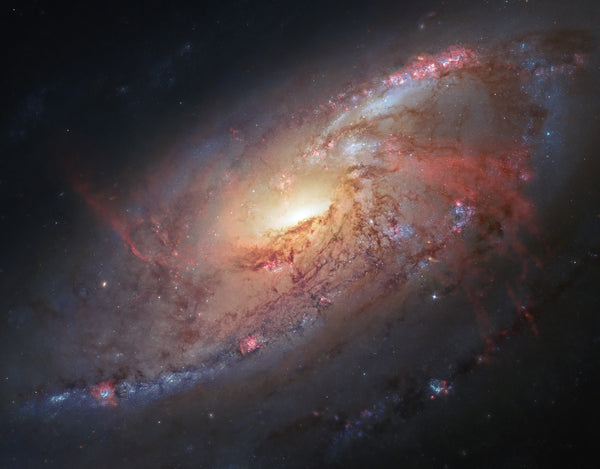 Messier 106 (NGC 4258) spiral galaxy in Canes Venatici — Hubble composite image 2013 combining HST data with amateur observations by R. Gendler and J. GaBany, 20 million light-years away
