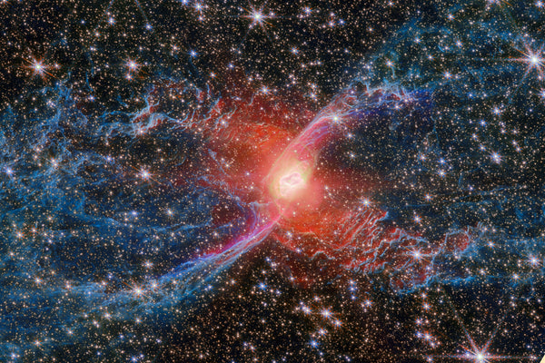 Red Spider Nebula NGC 6537 planetary nebula in Sagittarius — James Webb Space Telescope NIRCam image 2025 showing red central star, blue molecular hydrogen lobes and purple iron jet