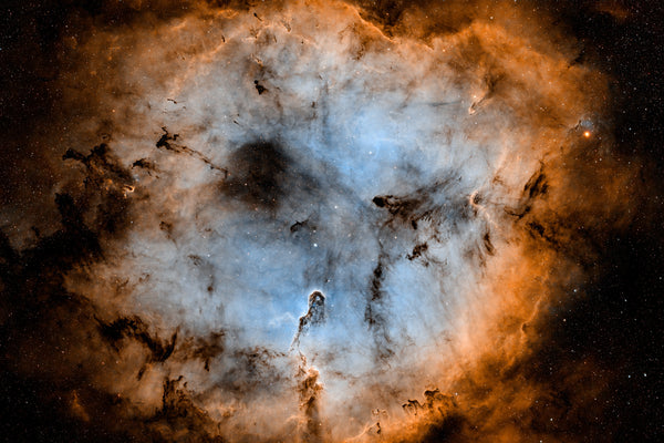 IC 1396 Elephant's Trunk Nebula narrowband SHO astrophotography — orange and blue emission nebula with dark pillars, Colli Euganei Italy, 19 hours exposure — fine art print by Sideris