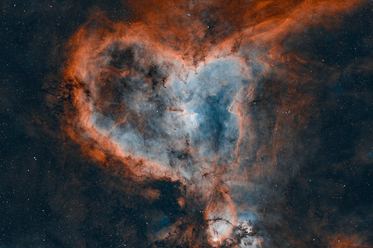 IC 1805 Heart Nebula narrowband astrophotography — orange and blue heart-shaped emission nebula in Cassiopeia, Colli Euganei Italy, 11 hours exposure — fine art print by Sideris Art