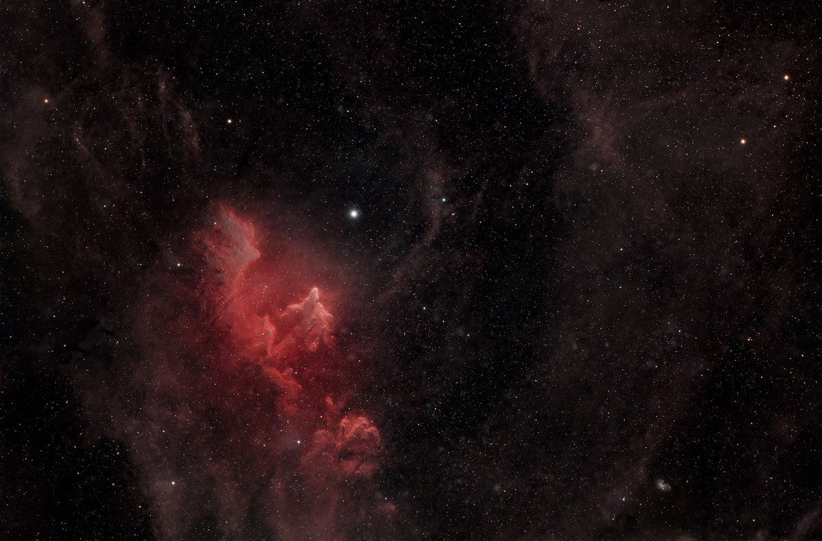 IC 63 Ghost Nebula in Cassiopeia, fine art astrophotography on Aluminium Dibond by Sideris Art, 14 hours exposure from the Colli Euganei, Italy