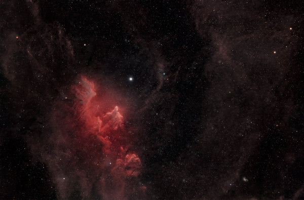 IC 63 Ghost Nebula in Cassiopeia, fine art astrophotography on Aluminium Dibond by Sideris Art, 14 hours exposure from the Colli Euganei, Italy