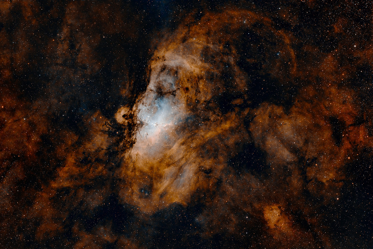 M16 Eagle Nebula with Pillars of Creation narrowband astrophotography — orange and white SHO emission nebula with dark stellar pillars, Colli Euganei Italy, 13 hours exposure — fine art print by Sideris
