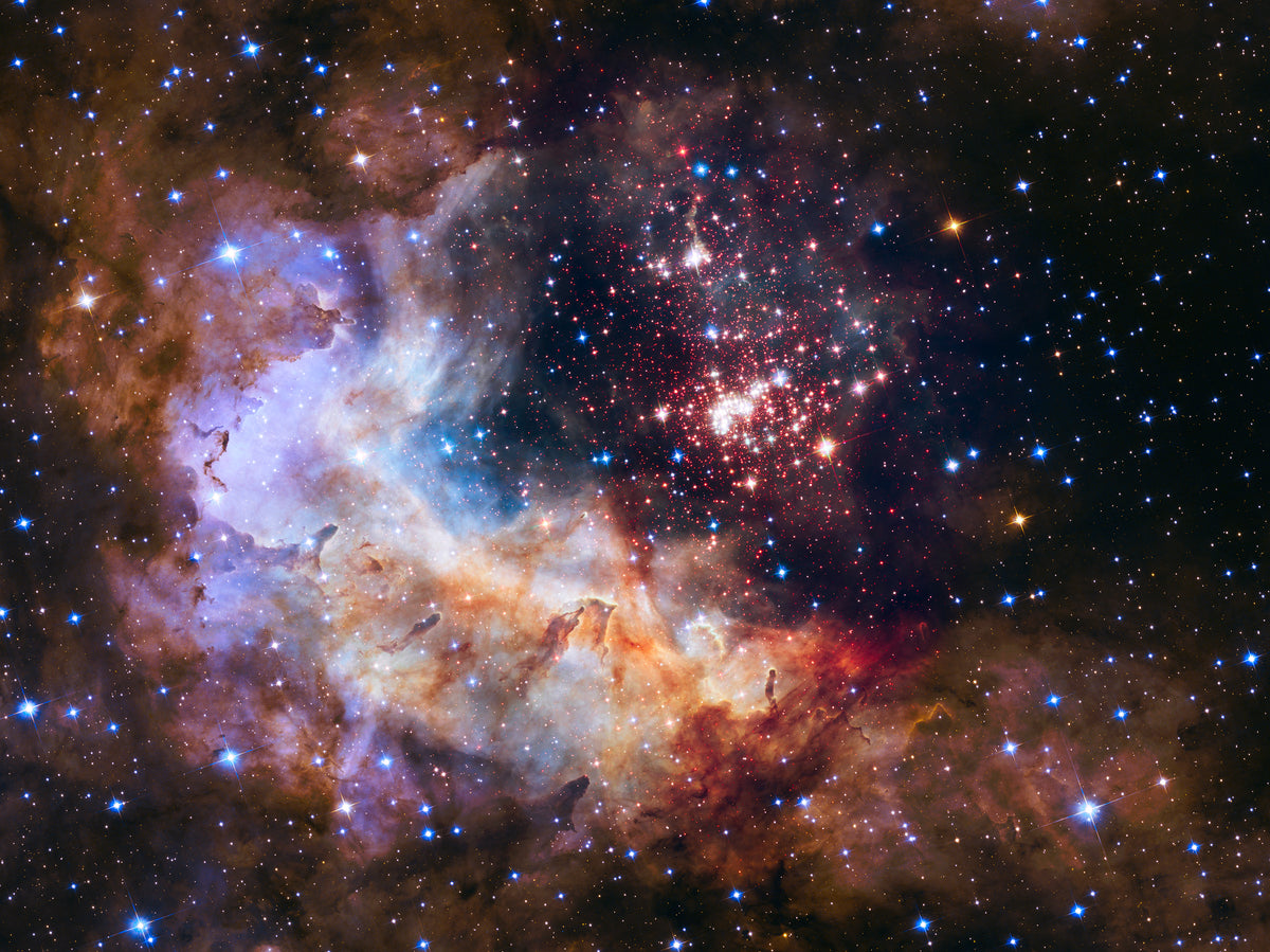 Westerlund 2 young star cluster embedded in nebula Gum 29 in Carina — Hubble ACS and WFC3 25th anniversary image 2015, 20000 light-years away