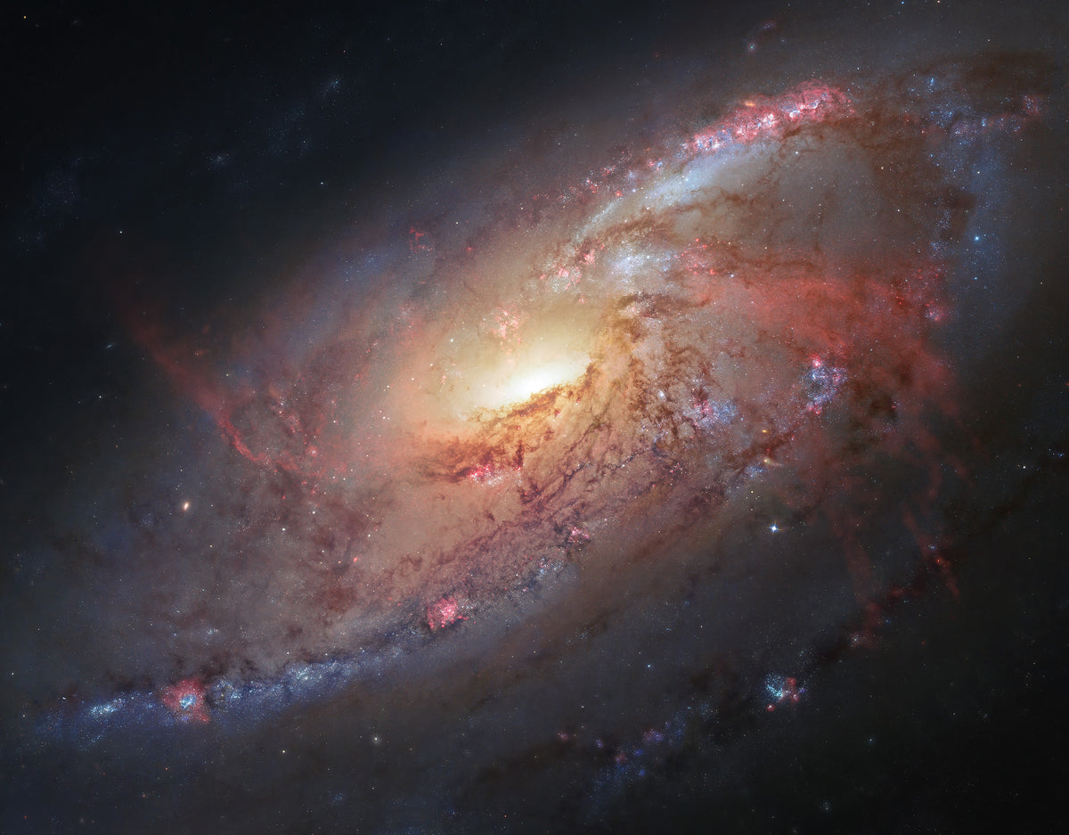 Messier 106 (NGC 4258) spiral galaxy in Canes Venatici — Hubble composite image 2013 combining HST data with amateur observations by R. Gendler and J. GaBany, 20 million light-years away