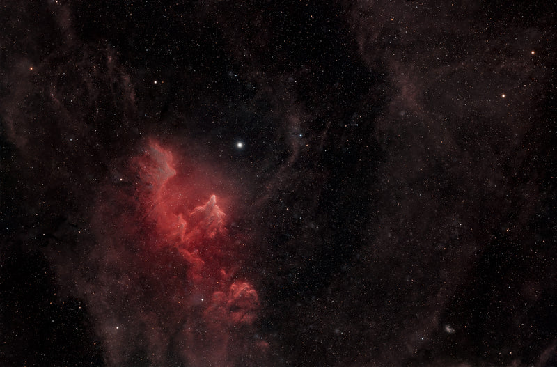 IC 63 Ghost Nebula in Cassiopeia, fine art astrophotography print by Sideris Art, 14 hours exposure from the Colli Euganei, Italy