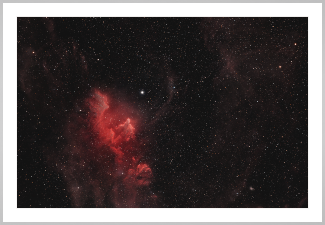 IC 63 Ghost Nebula in Cassiopeia, fine art astrophotography print with Silver Frame by Sideris Art, photographed from the Colli Euganei, Italy