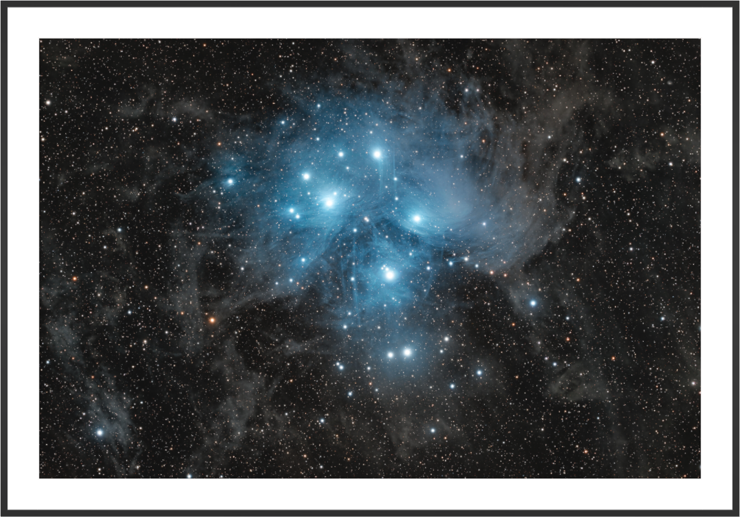 M45 Pleiades astrophotography — blue reflection nebula with dust filaments, Colli Euganei Italy, 8 hours exposure — fine art print by Sideris