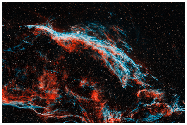 NGC 6960 Western Veil Nebula fine art print — hydrogen alpha red and OIII blue filaments, astrophotography by Stefano Martello, Sideris Art