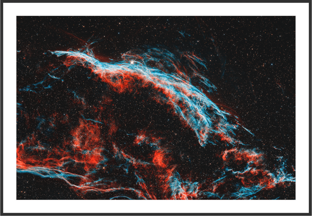 NGC 6960 Western Veil Nebula framed fine art astrophotography print, museum glass, acid-free mat, black frame, Hahnemühle Baryta