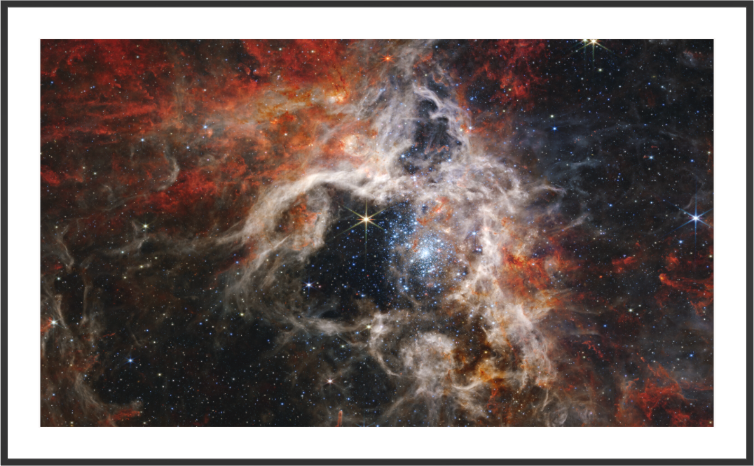 Tarantula Nebula JWST NIRCam fine art print with black frame — star-forming filaments in 30 Doradus, Hahnemühle Baryta paper by Sideris Art