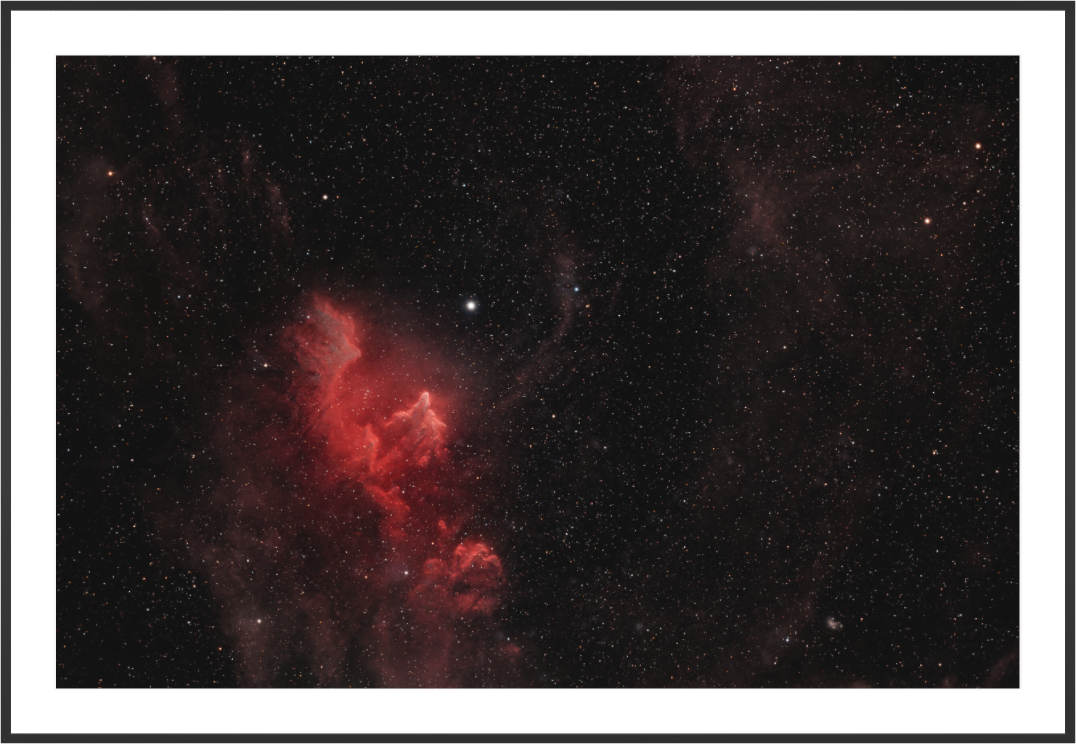 IC 63 Ghost Nebula in Cassiopeia, fine art astrophotography print with Black Frame by Sideris Art, photographed from the Colli Euganei, Italy